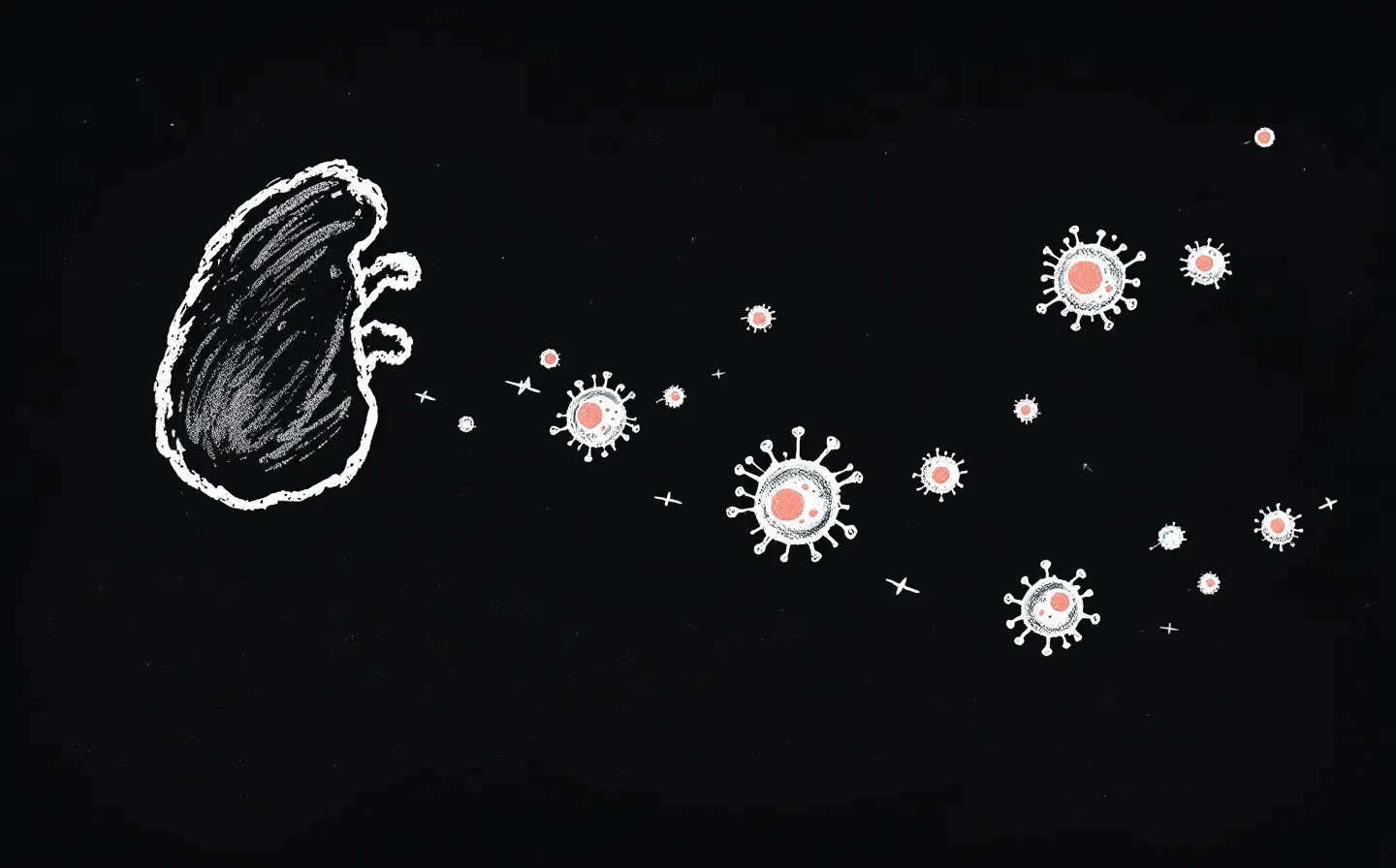 Hand-drawn classroom blackboard illustration on dark slate: a chalk-sketched 28-amino-acid Thymosin alpha-1 peptide chain center-left, a TLR-9 → MyD88 → IRAK → IFN-α cascade diagram center-right, a chalked pharmacokinetic peak trace in the upper-right, erasure-ghost smudges in the lower-right, and a rotated lemon sticky-note in the upper-left.